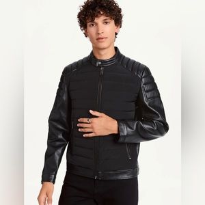 DONNA KARAN FAUX-LEATHER CONTRAST MOTOCROSS JACKET USED